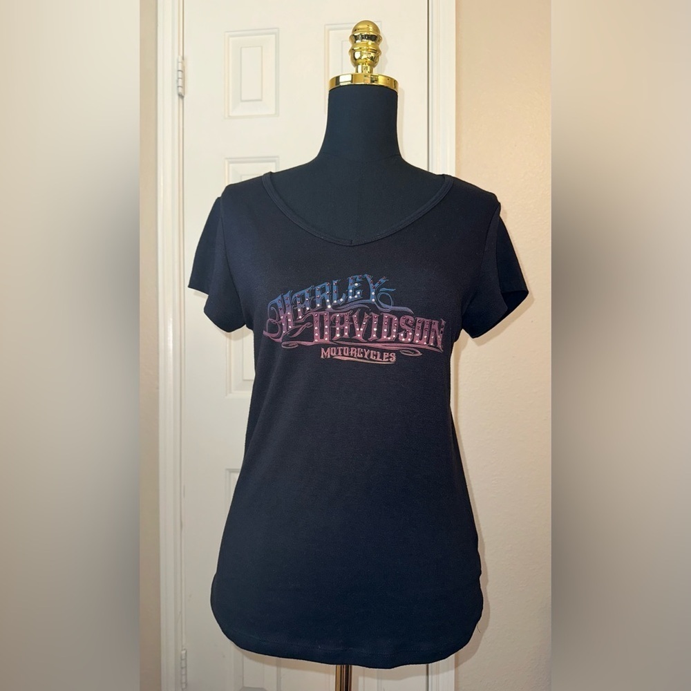Harley-Davidson Black Graphic Women's Top Embellished